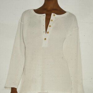 High End LPA 100% Pure Cotton Oversized Henley Thermal Knit Top In Ivory, S